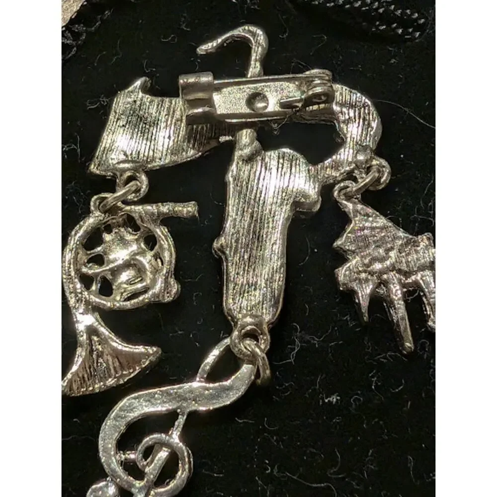 Vintage Silver Tone Dangling Musical Instruments Brooch Pin 2.5 inches long